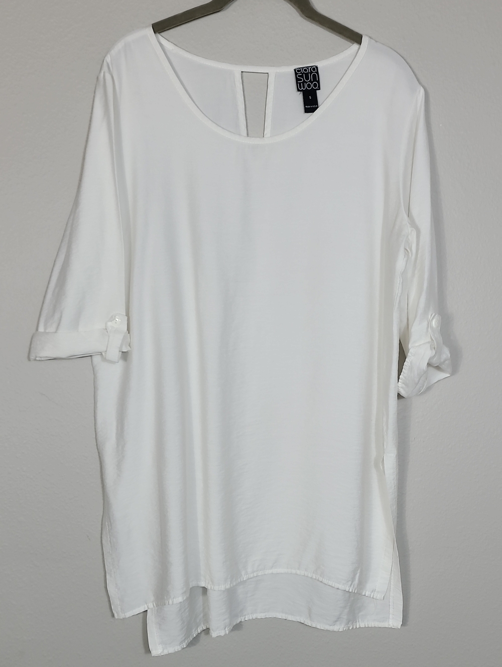 Clara Sun Woo White Oversized Tunic Top Size Small Split Hem Old Money Capsule